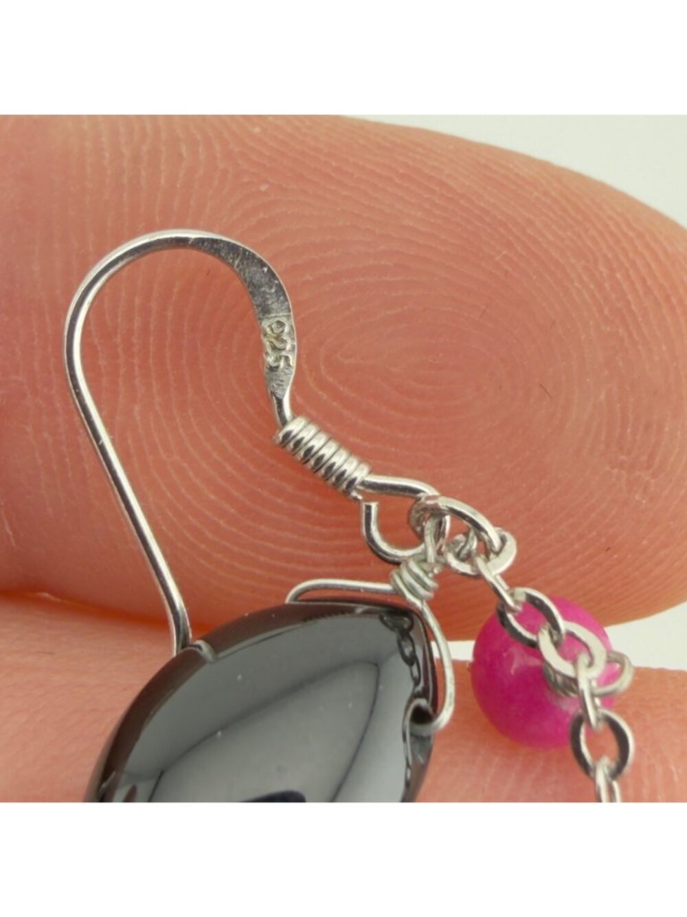 Sterling Silver Long Beaded Dangle Earrings Black Pink 2.5" - Picture 7 of 10